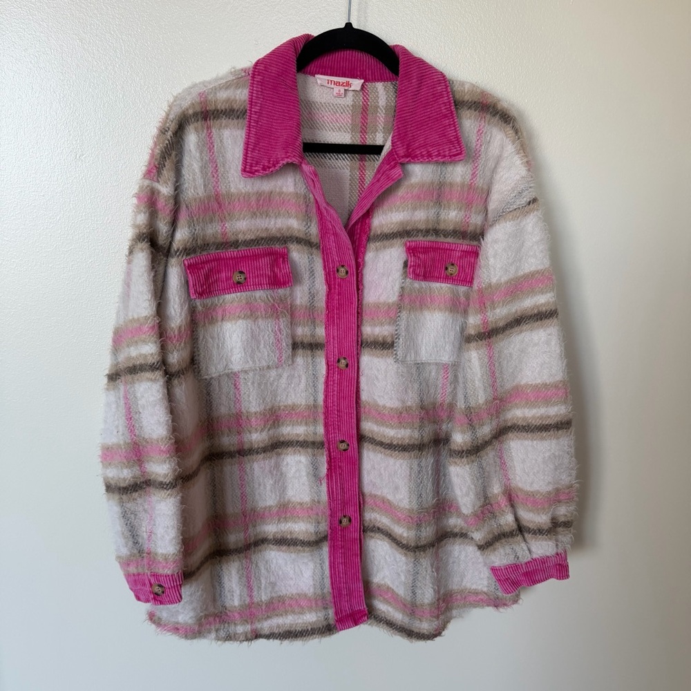 MAZIK Pink Corduroy & Fuzzy Plaid Button Front Shirt